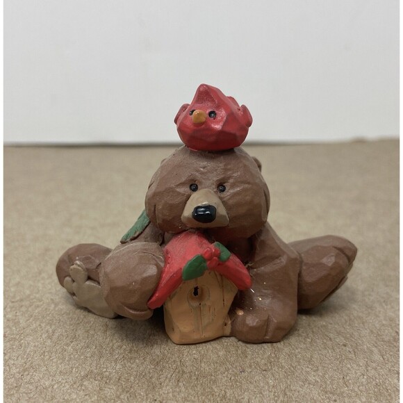 Blossom Bucket Christmas Bear With Birdhouse and Cardinal Resin Figurine 2 inch - Picture 3 of 8